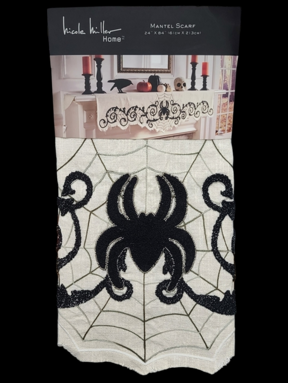 Nicole Miller Halloween Beaded Spider Web Scroll Mantel Fireplace Scarf Decor